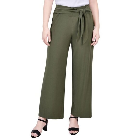 NY Collection Petite Womens PXL Cropped Solid Pull On Pants with Sash in Green - Picture 1 of 6